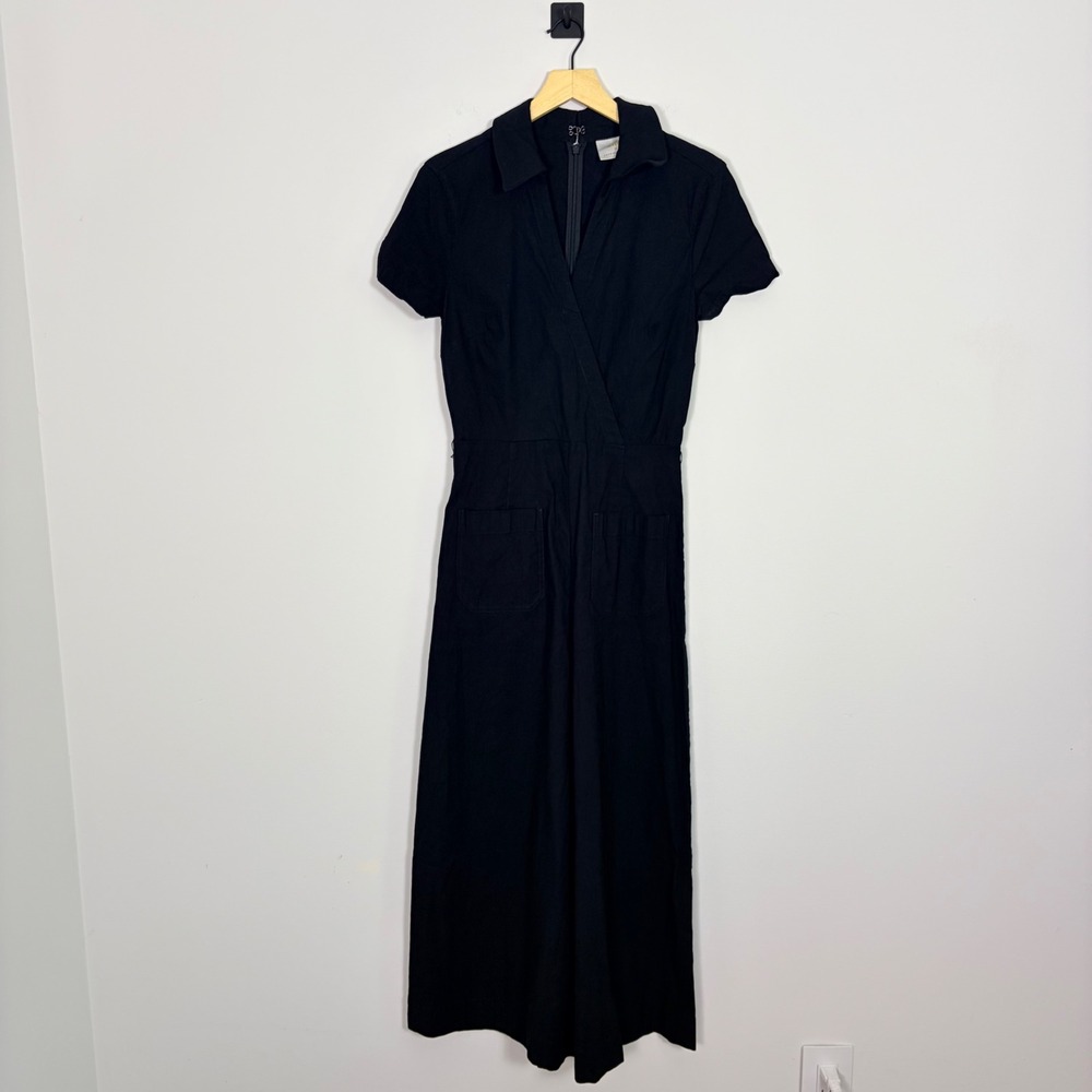 Maeve Anthropologie The Colette Linen Blend Wrap Jumpsuit Black 6 Wide Leg - Picture 2 of 10